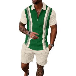 imageUOUA Mens Summer Track Suits 2 Piece Shorts Sets Short Sleeve Sweatsuit Outfits 14 Zip Golf Polo Splicing Striped ShirtsGreen Stripe Beige