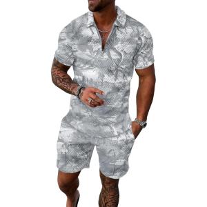 imageUOUA Mens Summer Track Suits 2 Piece Shorts Sets Short Sleeve Sweatsuit Outfits 14 Zip Golf Polo Splicing Striped ShirtsGrey Leaves