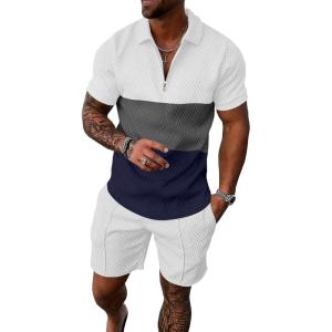 imageUOUA Mens Summer Track Suits 2 Piece Shorts Sets Short Sleeve Sweatsuit Outfits 14 Zip Golf Polo Splicing Striped ShirtsGreyblockwhite