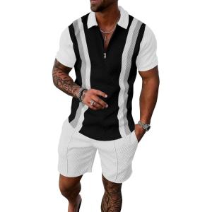 imageUOUA Mens Summer Track Suits 2 Piece Shorts Sets Short Sleeve Sweatsuit Outfits 14 Zip Golf Polo Splicing Striped ShirtsGreystripe White