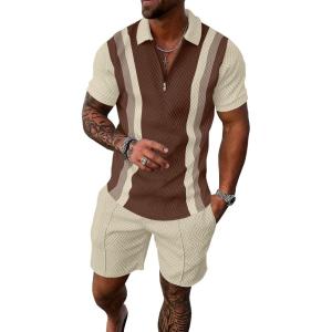 imageUOUA Mens Summer Track Suits 2 Piece Shorts Sets Short Sleeve Sweatsuit Outfits 14 Zip Golf Polo Splicing Striped ShirtsKhakistripe Beige