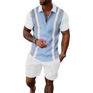 imageUOUA Mens Summer Track Suits 2 Piece Shorts Sets Short Sleeve Sweatsuit Outfits 14 Zip Golf Polo Splicing Striped ShirtsLbluestripewhite