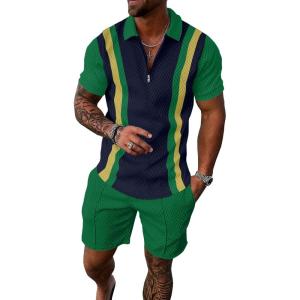 imageUOUA Mens Summer Track Suits 2 Piece Shorts Sets Short Sleeve Sweatsuit Outfits 14 Zip Golf Polo Splicing Striped ShirtsNbluestripegreen