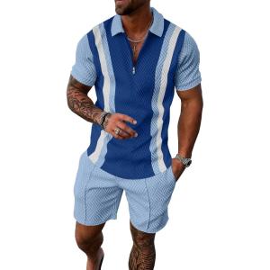 imageUOUA Mens Summer Track Suits 2 Piece Shorts Sets Short Sleeve Sweatsuit Outfits 14 Zip Golf Polo Splicing Striped ShirtsRbluestripelblue