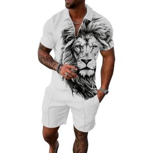 imageUOUA Mens Summer Track Suits 2 Piece Shorts Sets Short Sleeve Sweatsuit Outfits 14 Zip Golf Polo Splicing Striped ShirtsWhite Lion