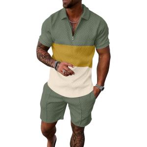 imageUOUA Mens Summer Track Suits 2 Piece Shorts Sets Short Sleeve Sweatsuit Outfits 14 Zip Golf Polo Splicing Striped ShirtsYellowblockgreen