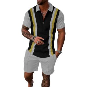 imageUOUA Mens Summer Track Suits 2 Piece Shorts Sets Short Sleeve Sweatsuit Outfits 14 Zip Golf Polo Splicing Striped ShirtsYellowstripe Grey