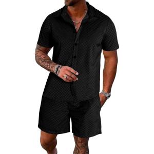 imageUOUA Mens Velour Tracksuit 2 Piece Outfits Short Sleeve Button Down Shirt and Short Sets Casual SweatsuitsBlack