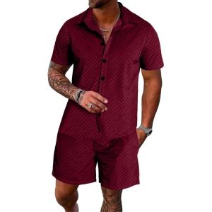 imageUOUA Mens Velour Tracksuit 2 Piece Outfits Short Sleeve Button Down Shirt and Short Sets Casual SweatsuitsBurgandy