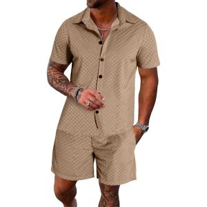 imageUOUA Mens Velour Tracksuit 2 Piece Outfits Short Sleeve Button Down Shirt and Short Sets Casual SweatsuitsKhaki