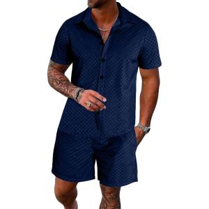 imageUOUA Mens Velour Tracksuit 2 Piece Outfits Short Sleeve Button Down Shirt and Short Sets Casual SweatsuitsNavyblue