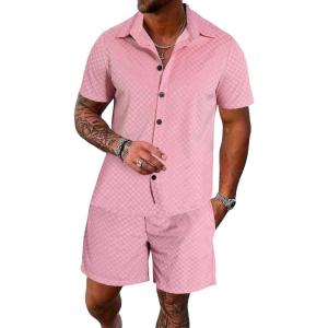imageUOUA Mens Velour Tracksuit 2 Piece Outfits Short Sleeve Button Down Shirt and Short Sets Casual SweatsuitsPink