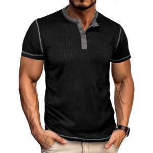 imageUOUA Mens Waffle Henley Short Sleeve Shirts Casual Basic Button TShirt Classic Summer Tops01 Black
