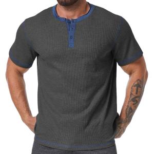 imageUOUA Mens Waffle Henley Short Sleeve Shirts Casual Basic Button TShirt Classic Summer Tops01 Dark Grey