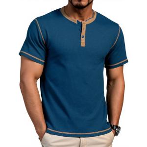 imageUOUA Mens Waffle Henley Short Sleeve Shirts Casual Basic Button TShirt Classic Summer Tops01 Light Blue