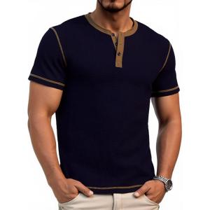 imageUOUA Mens Waffle Henley Short Sleeve Shirts Casual Basic Button TShirt Classic Summer Tops01 Navy Blue