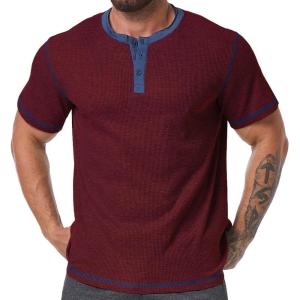imageUOUA Mens Waffle Henley Short Sleeve Shirts Casual Basic Button TShirt Classic Summer Tops01 Wine Red