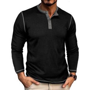 imageUOUA Mens Waffle Henley Short Sleeve Shirts Casual Basic Button TShirt Classic Summer Tops02 Black