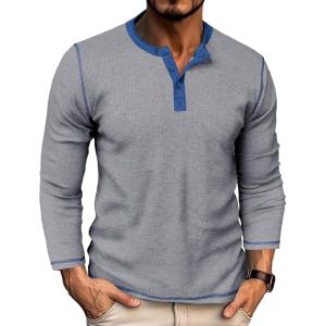 imageUOUA Mens Waffle Henley Short Sleeve Shirts Casual Basic Button TShirt Classic Summer Tops02 Grey