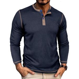 imageUOUA Mens Waffle Henley Short Sleeve Shirts Casual Basic Button TShirt Classic Summer Tops02 Navy Blue