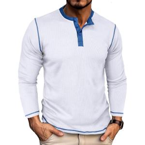 imageUOUA Mens Waffle Henley Short Sleeve Shirts Casual Basic Button TShirt Classic Summer Tops02 White