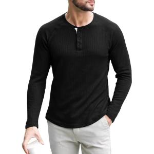 imageUOUA Mens Waffle Henley Short Sleeve Shirts Casual Basic Button TShirt Classic Summer Tops03 Black
