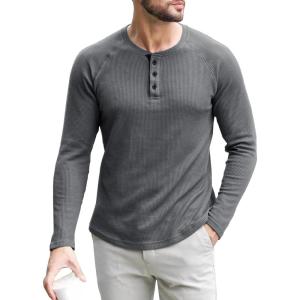 imageUOUA Mens Waffle Henley Short Sleeve Shirts Casual Basic Button TShirt Classic Summer Tops03 Grey
