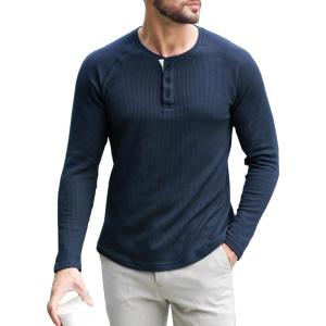 imageUOUA Mens Waffle Henley Short Sleeve Shirts Casual Basic Button TShirt Classic Summer Tops03 Navy Blue