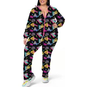 imageUOUA Plus Size Womens Color Block 2 Piece 80s 90s Outfits Long Sleeve Windbreaker Jacket Tracksuit SetBlack Print