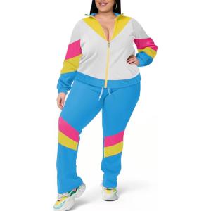 imageUOUA Plus Size Womens Color Block 2 Piece 80s 90s Outfits Long Sleeve Windbreaker Jacket Tracksuit SetBlue White