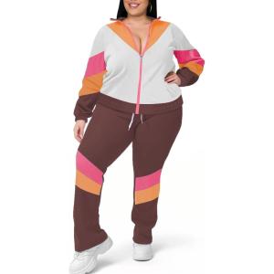 imageUOUA Plus Size Womens Color Block 2 Piece 80s 90s Outfits Long Sleeve Windbreaker Jacket Tracksuit SetBrown White