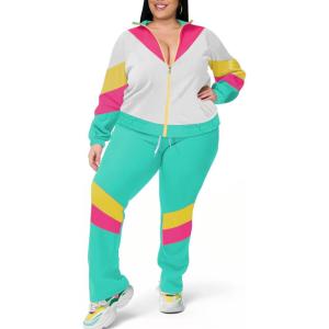 imageUOUA Plus Size Womens Color Block 2 Piece 80s 90s Outfits Long Sleeve Windbreaker Jacket Tracksuit SetMint White