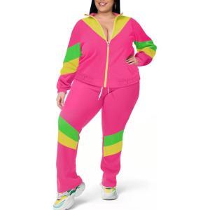 imageUOUA Plus Size Womens Color Block 2 Piece 80s 90s Outfits Long Sleeve Windbreaker Jacket Tracksuit SetPink