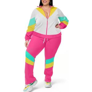 imageUOUA Plus Size Womens Color Block 2 Piece 80s 90s Outfits Long Sleeve Windbreaker Jacket Tracksuit SetPink White