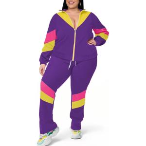 imageUOUA Plus Size Womens Color Block 2 Piece 80s 90s Outfits Long Sleeve Windbreaker Jacket Tracksuit SetPurple
