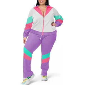 imageUOUA Plus Size Womens Color Block 2 Piece 80s 90s Outfits Long Sleeve Windbreaker Jacket Tracksuit SetPurple White