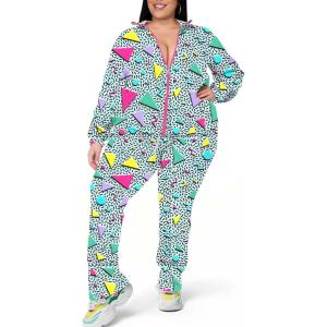imageUOUA Plus Size Womens Color Block 2 Piece 80s 90s Outfits Long Sleeve Windbreaker Jacket Tracksuit SetWhite Print