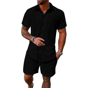 imageUOUA Summer Outfits for Men 2 Piece Short Sleeve Button Down Shirt ampamp Shorts Set Casual Vacation Beach TracksuitBlack