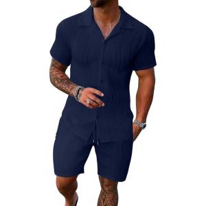 imageUOUA Summer Outfits for Men 2 Piece Short Sleeve Button Down Shirt ampamp Shorts Set Casual Vacation Beach TracksuitCuba Navy Blue