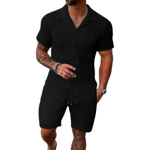 imageUOUA Summer Outfits for Men 2 Piece Short Sleeve Button Down Shirt ampamp Shorts Set Casual Vacation Beach TracksuitCubablack