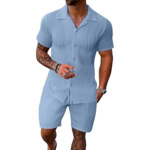 imageUOUA Summer Outfits for Men 2 Piece Short Sleeve Button Down Shirt ampamp Shorts Set Casual Vacation Beach TracksuitCubablue