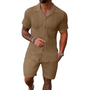 imageUOUA Summer Outfits for Men 2 Piece Short Sleeve Button Down Shirt ampamp Shorts Set Casual Vacation Beach TracksuitCubakhaki