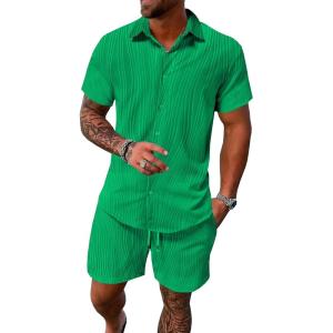 imageUOUA Summer Outfits for Men 2 Piece Short Sleeve Button Down Shirt ampamp Shorts Set Casual Vacation Beach TracksuitGreen