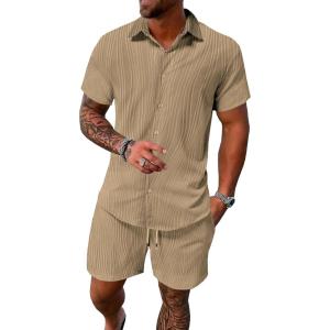 imageUOUA Summer Outfits for Men 2 Piece Short Sleeve Button Down Shirt ampamp Shorts Set Casual Vacation Beach TracksuitKhaki