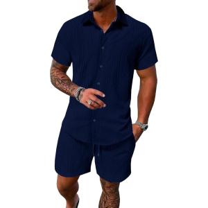 imageUOUA Summer Outfits for Men 2 Piece Short Sleeve Button Down Shirt ampamp Shorts Set Casual Vacation Beach TracksuitNavy Blue