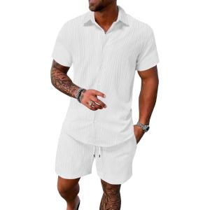 imageUOUA Summer Outfits for Men 2 Piece Short Sleeve Button Down Shirt ampamp Shorts Set Casual Vacation Beach TracksuitWhite