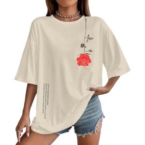 imageUOUA Women Oversized Graphic TShirt Casual Cotton Tees Printed Summer TopsBright Rose Apricot