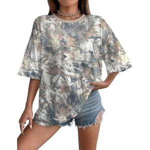 imageUOUA Women Oversized Graphic TShirt Casual Cotton Tees Printed Summer TopsBrown Leaves