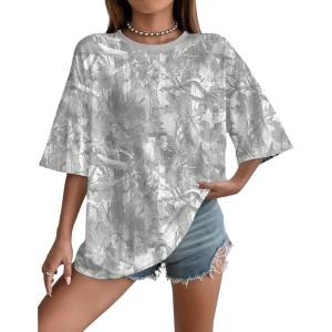 imageUOUA Women Oversized Graphic TShirt Casual Cotton Tees Printed Summer TopsGrey Leaves