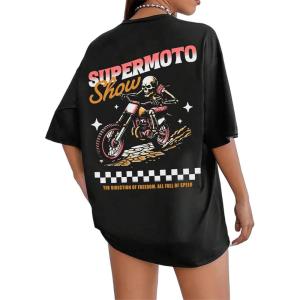 imageUOUA Women Oversized Graphic TShirt Casual Cotton Tees Printed Summer TopsMotoskullblack